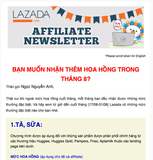 email cập nhật từ chương tình tiếp thị liên kết của lazada