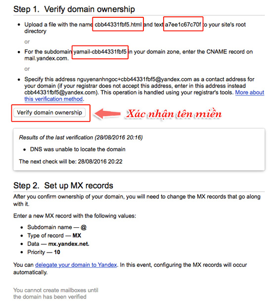 cách xác nhận ten miền trên yandex
