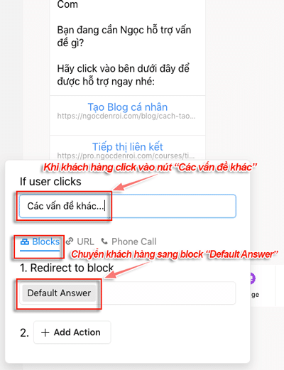 Cách chuyển hướng người dùng sang block mới của chatbot