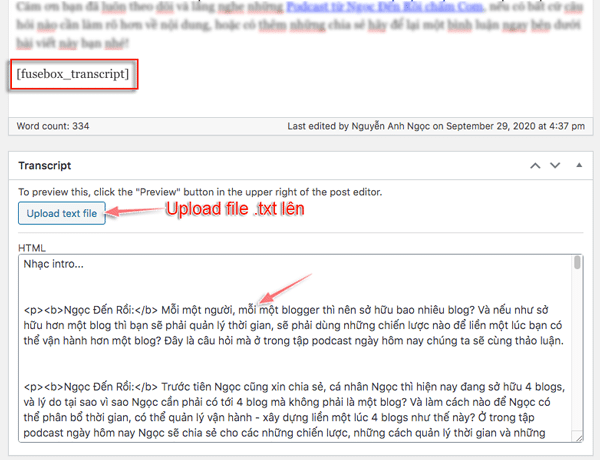 hướng dẫn cách nhúng transcript podcast vào blog wordpress