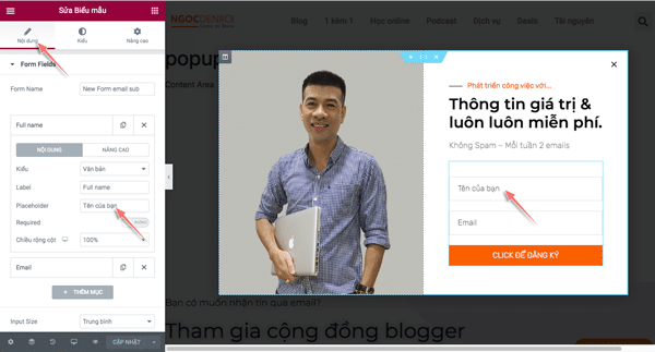 hướng tạo popup email với elementor